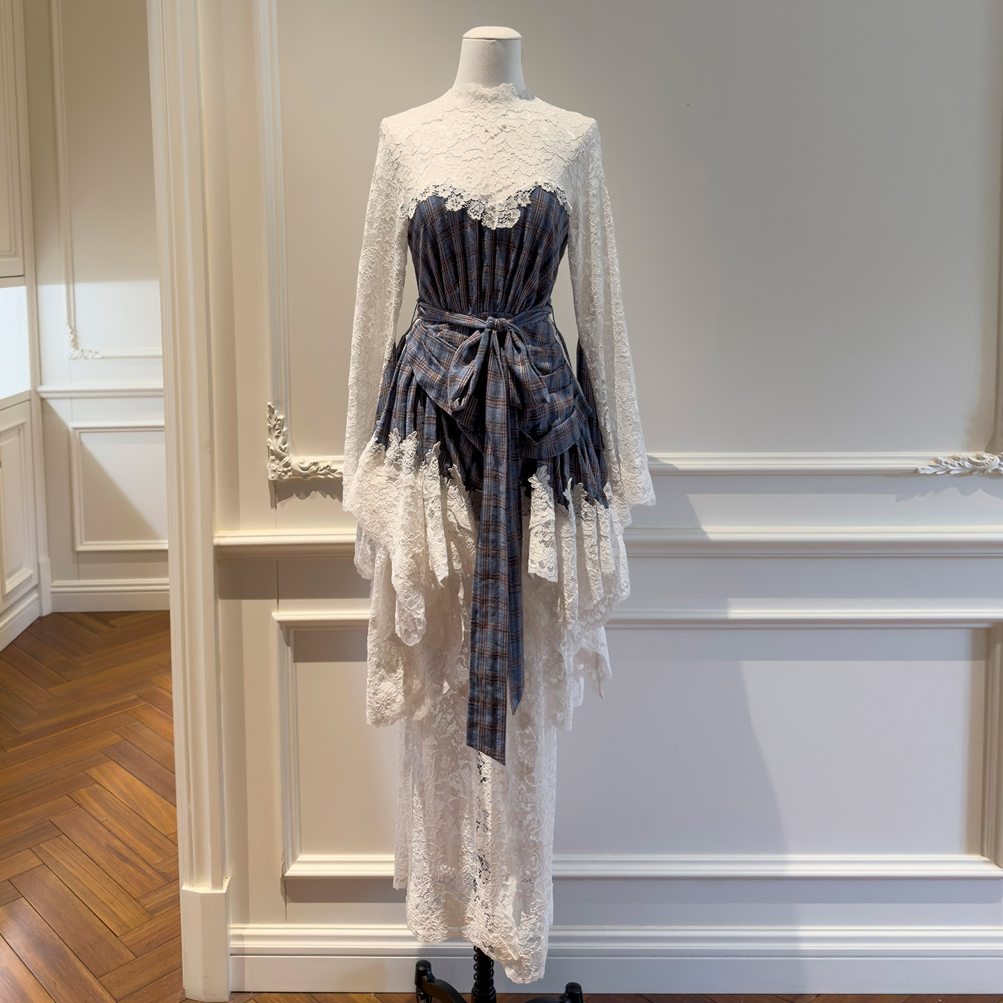 Blue Plaid Patchwork Lace Irregular Maxi Dress69578