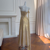 Yigelila 2026 Early Spring New Arrival Gold Spaghetti Strap Elegant Long Slim Fit Evening Dress69491