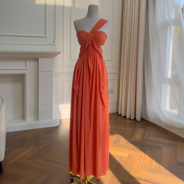 Yigelila New Unique Design Orange One-Shoulder Strapless Pleated Long Dress Elegant Evening Gown69530