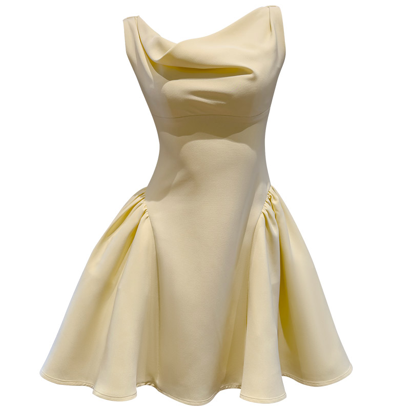 French Style Three-Dimensional Pleated Draped Neck Dress, Elegant Rich Girl Aesthetic, Waist-Fitted Slim Fit A-Line Flared Short Party Dress69597