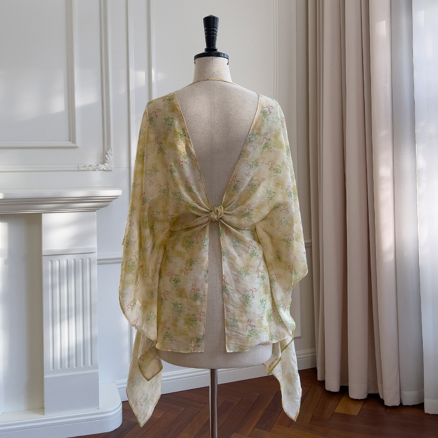 Sexy V-Neck Lace-Up Waist Batwing Sleeve Floral Shirt, Boho Vacation Style Elegant Cardigan Top71478