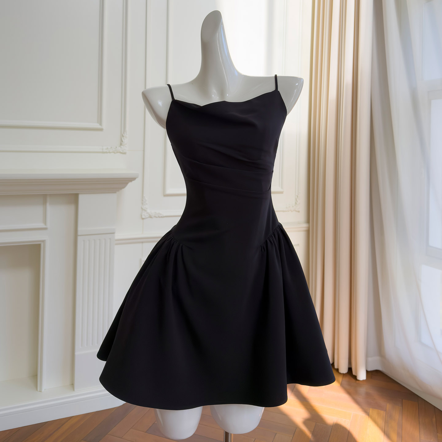 Dark Style New Dress, Slim Fit Sexy Waist-Fitted Spaghetti Strap Dress & Sheer Mesh Top 2-Piece Se69619