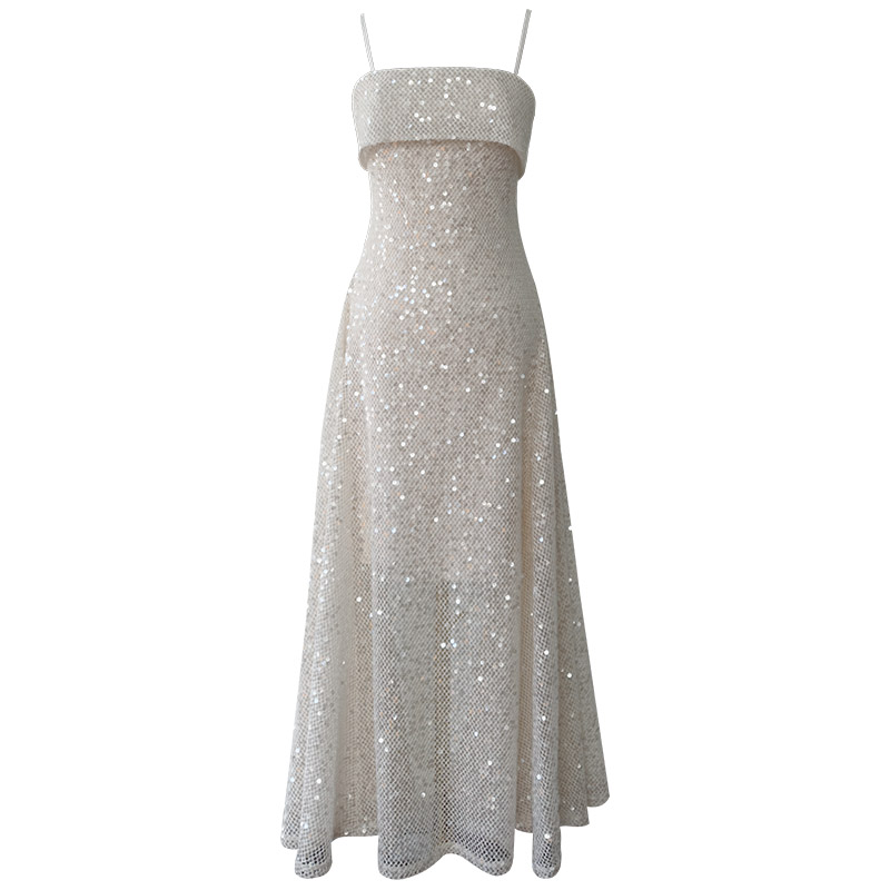 French Sleeveless High Waist Bodycon Dress, 2026 Spring Birthday Banquet Evening Dress, Spaghetti Strap Sequin Dress69598