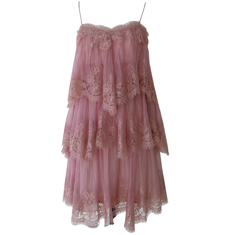 French Pure Desire Style Cake Tier Spaghetti Strap Dress, Multi-Layer Irregular Lace Patchwork, Sexy Backless Vacation Mini Dress69681