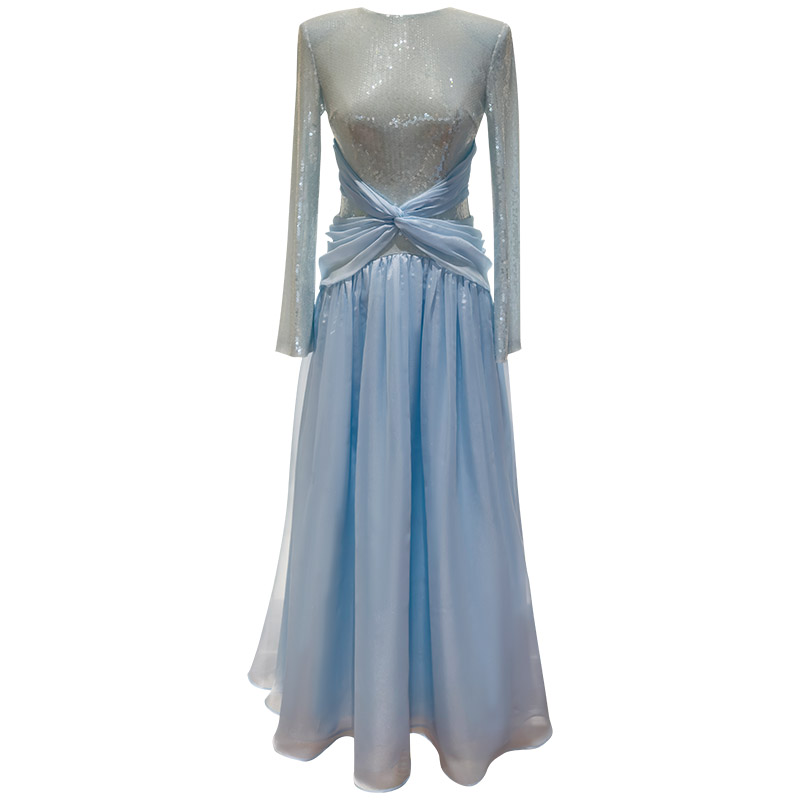 French Elegant Celebrity Style Draping Long Sleeve Dress, Mesh Patchwork Sequin Waist-Fitted Slim Long Evening Dress69618