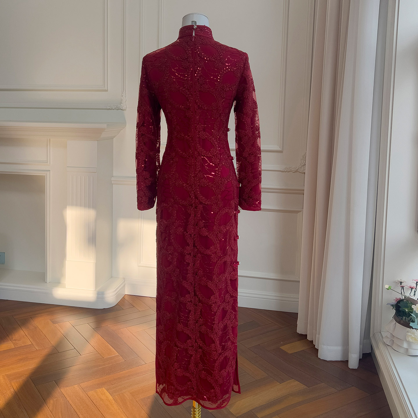 Burgundy Lace Sequin Qipao Dress 67003