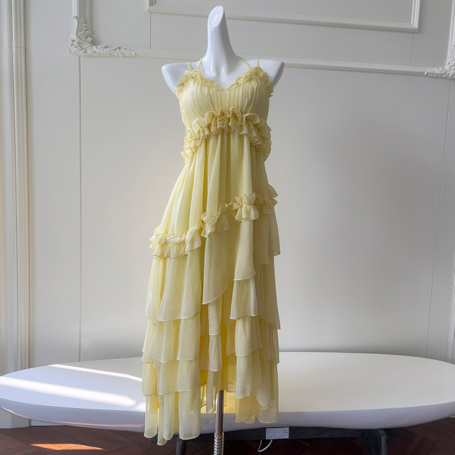 Butter Yellow Asymmetrical Ruffle Halter Maxi Dress69172
