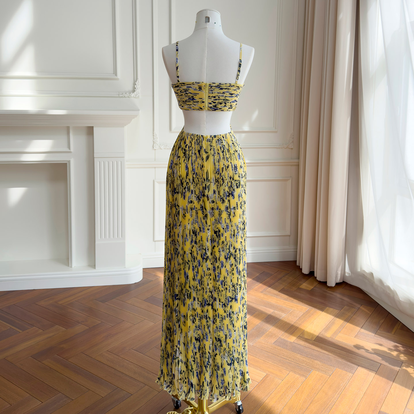 Yellow-Toned Floral Halter Cut-Out Chiffon Maxi Dress69638