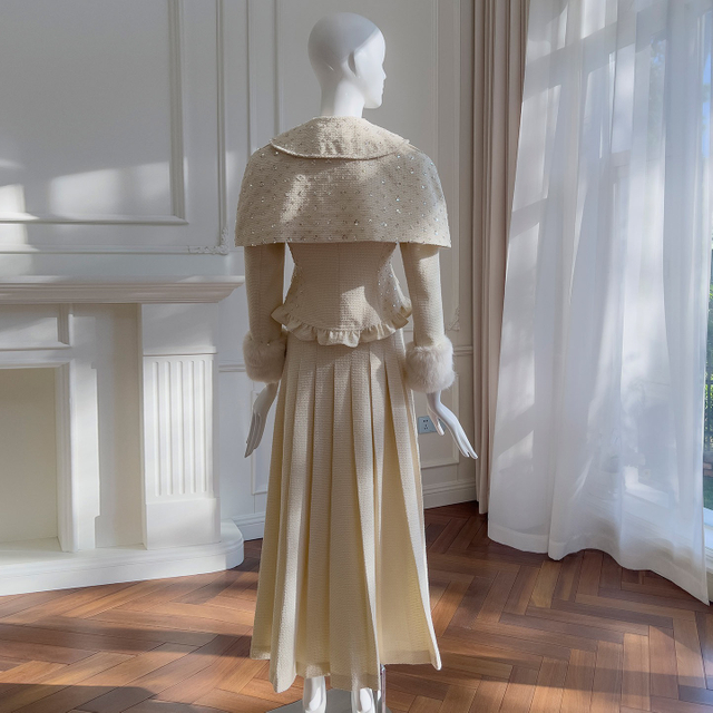 Vintage Princess-Style Tweed 3-Piece Set: Sequined Beaded Coat, Cape & Skirt