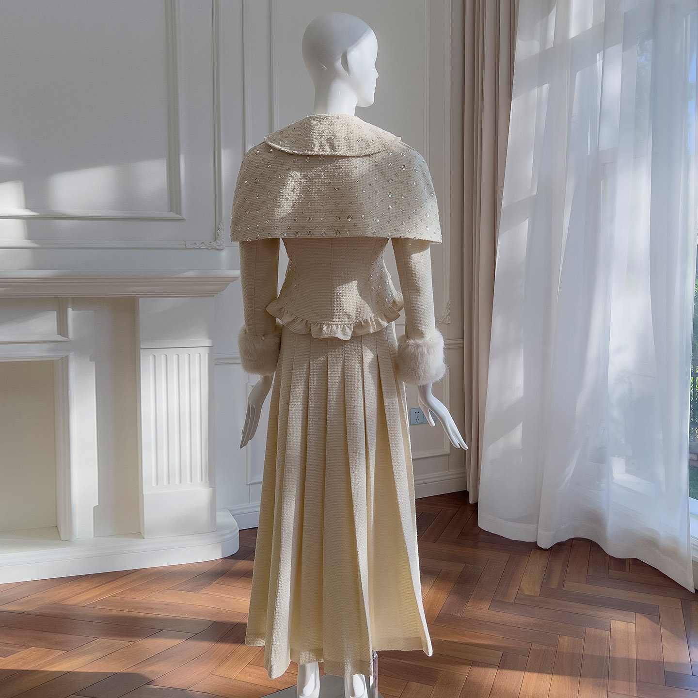 Vintage Princess-Style Tweed 3-Piece Set: Sequined Beaded Coat, Cape & Skirt