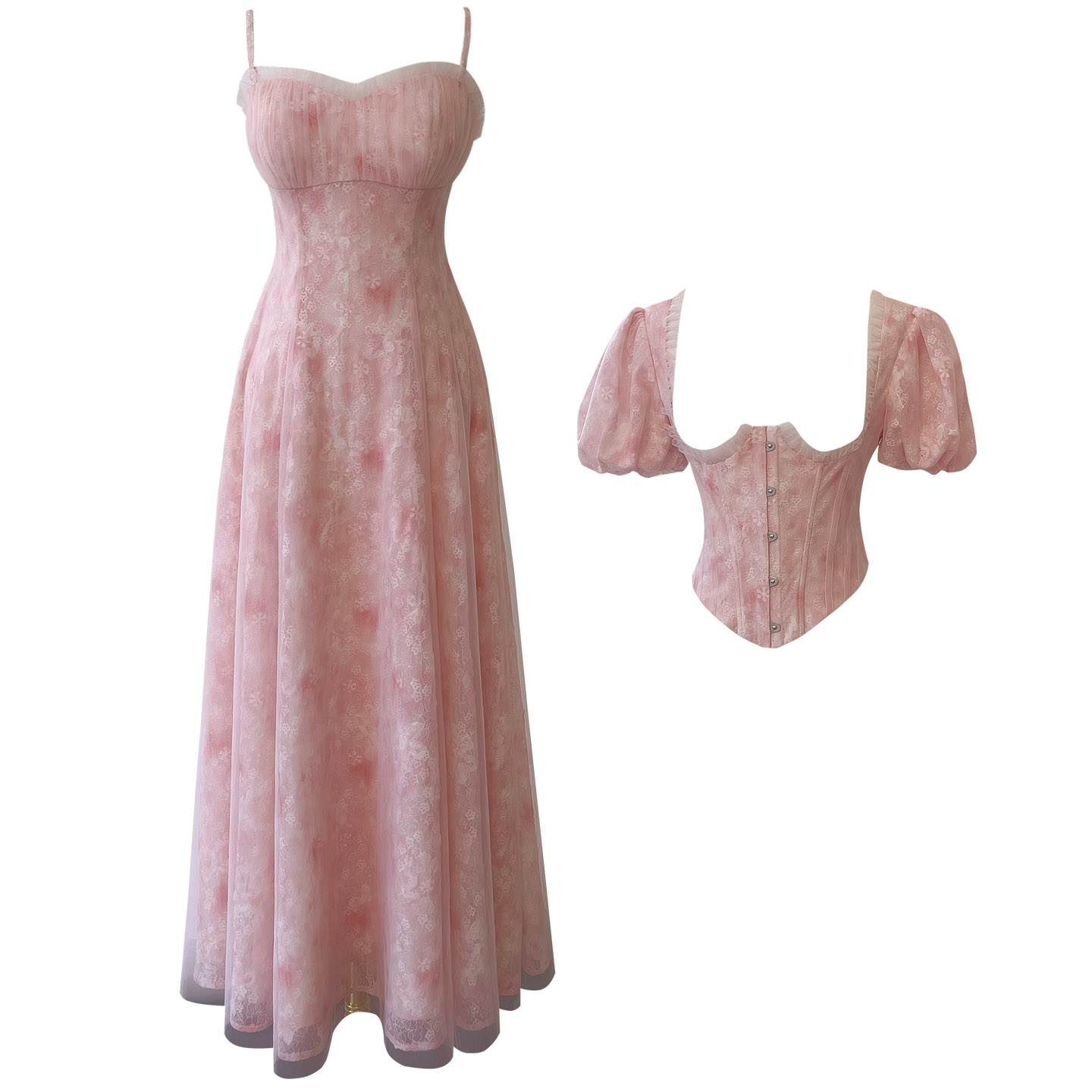 Pink Tie-Dye Lace Puff Sleeve Maxi Dress69557