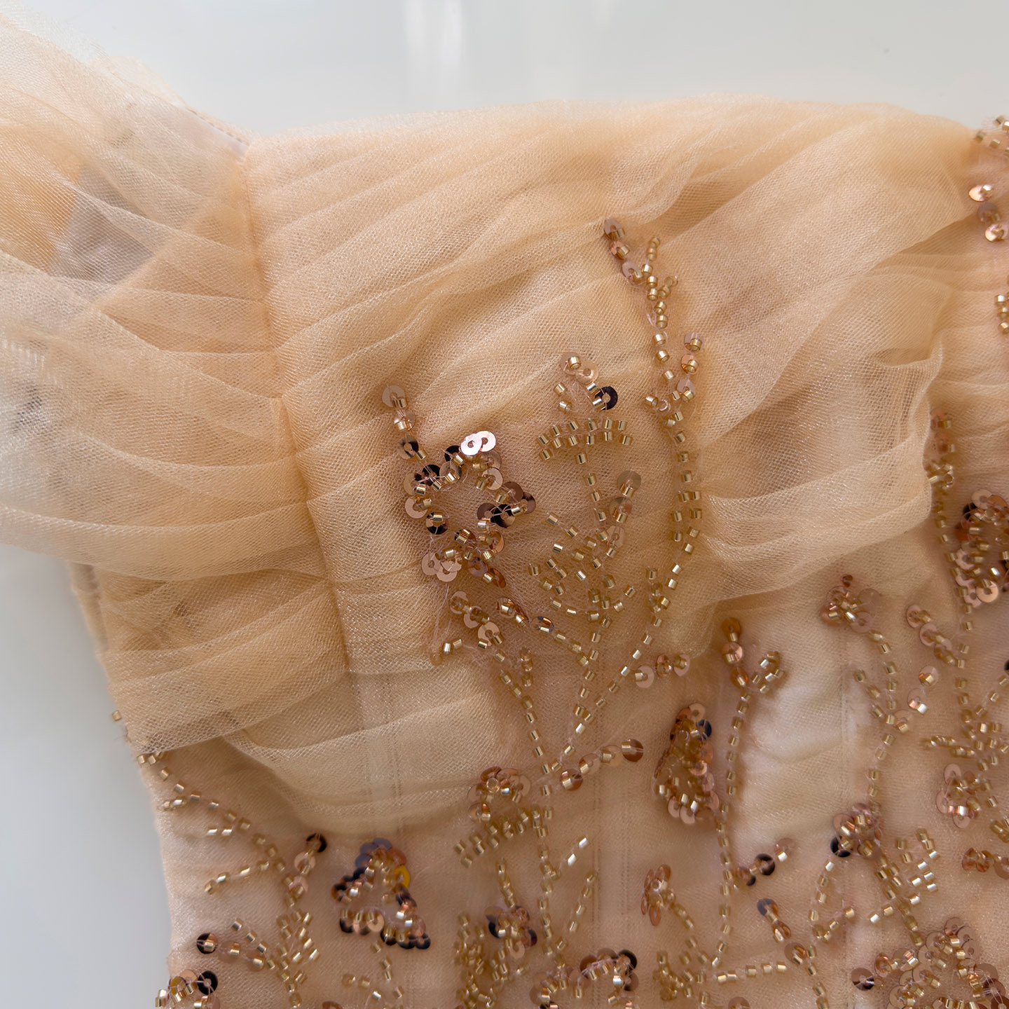 Champagne Off-the-Shoulder Embroidered Tulle Gown69642