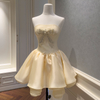 Champagne Strapless Beaded Bow Flared Mini Formal Dress69601