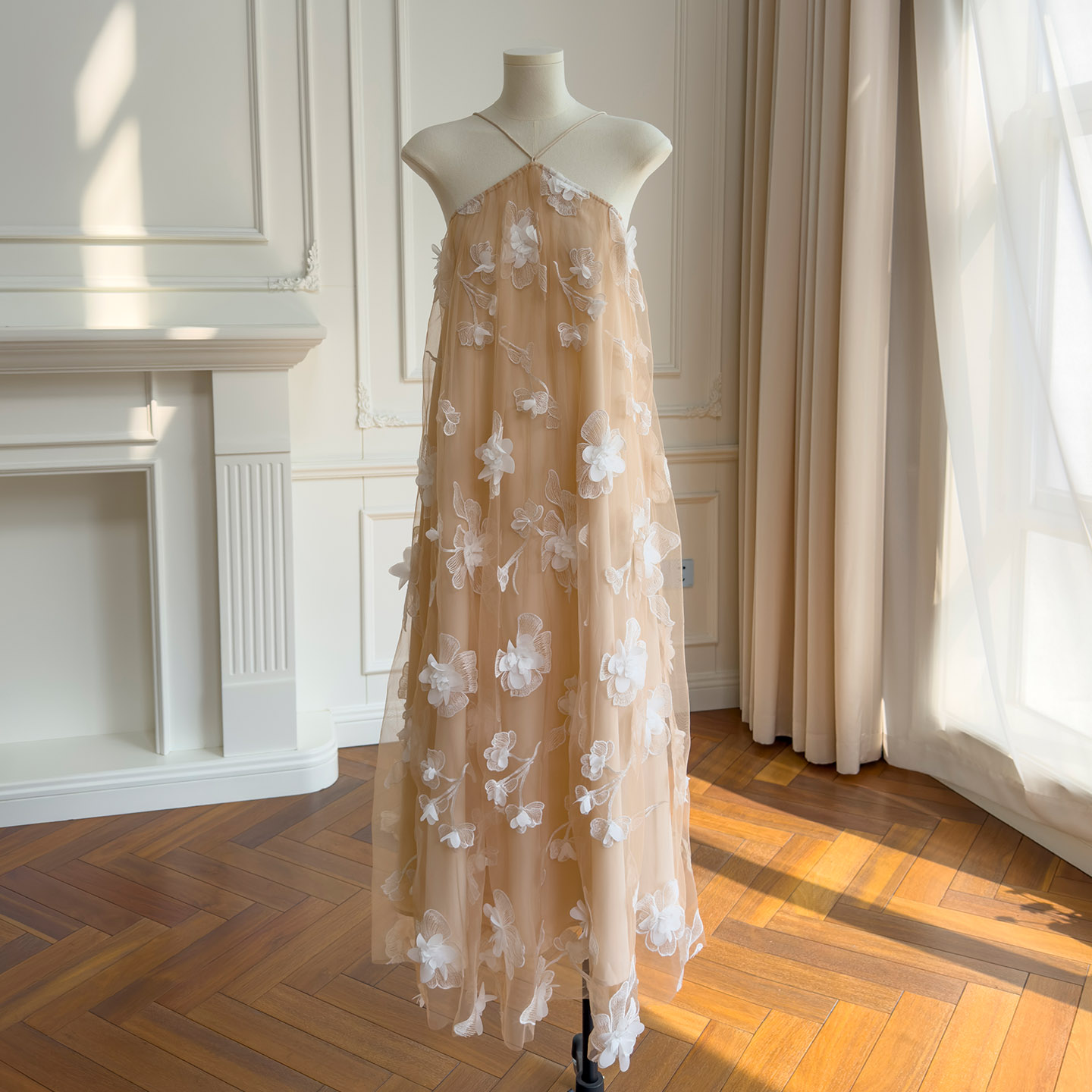 Champagne Halter 3D Floral Tulle Maxi Dress69658