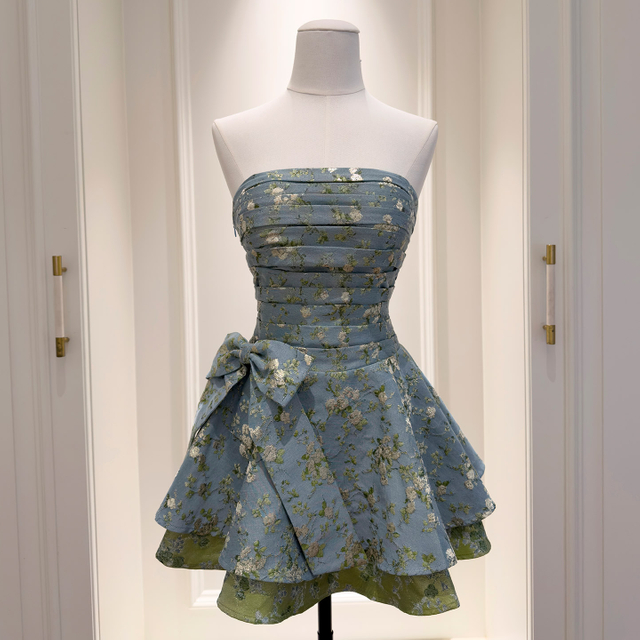 Blue Floral Strapless Ruched Waist Mini Dress69707