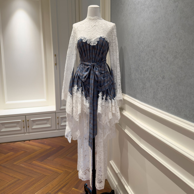 Blue Plaid Patchwork Lace Irregular Maxi Dress69578