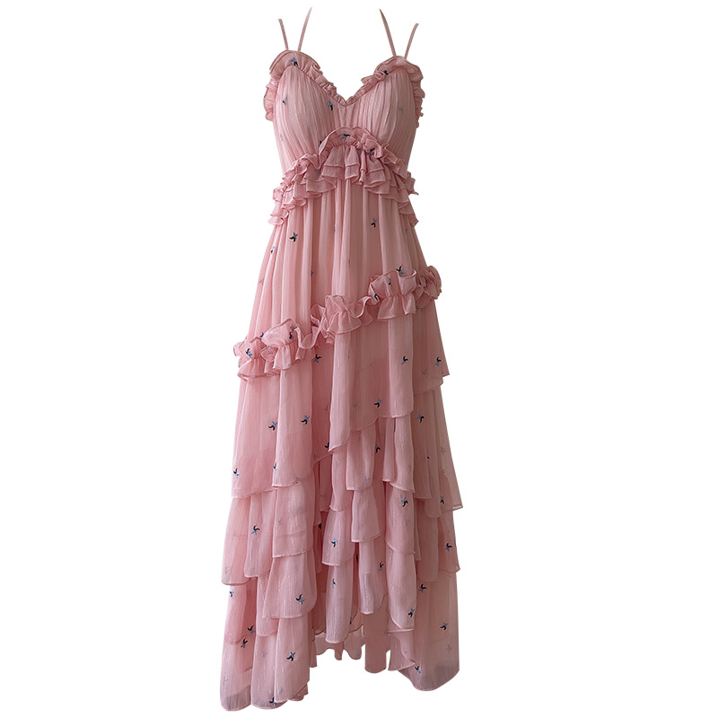 Dusty Pink Spaghetti-Strap Ruffle Tiered Dress69082