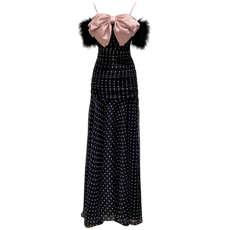 2026 Summer New European & American Style Women's Dress, Elegant Polka Dot Strapless Long Dress with Streamer, Sexy Slim Fit Fashion Dress69585