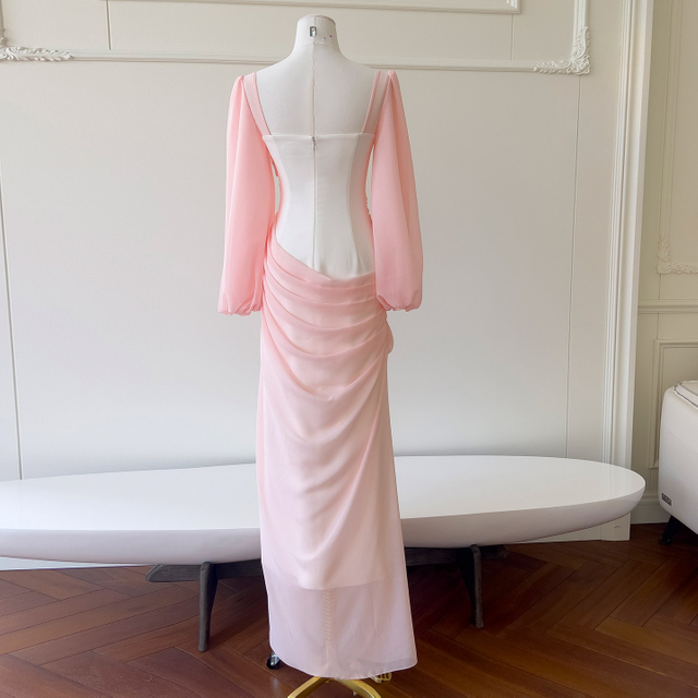 Vintage Luxury Elegant Slim Fit Pleated Bodycon Dress with Splicing 3D Embroidery Evening Gown69551