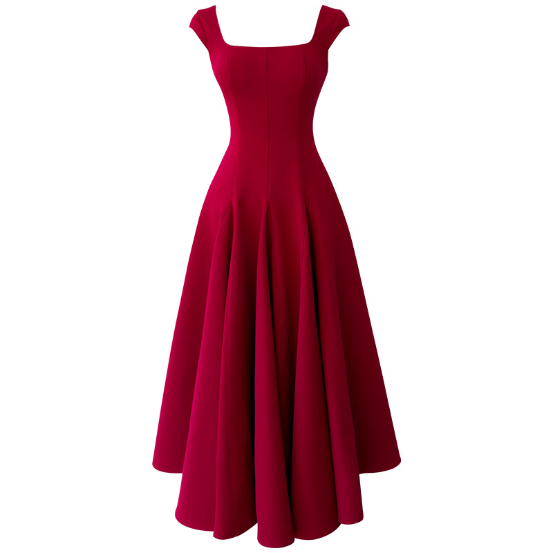 French Hepburn Style Waist-Cinched Slim Fit Square Neck Cap Sleeve Dress, Elegant A-Line Long Dress69635