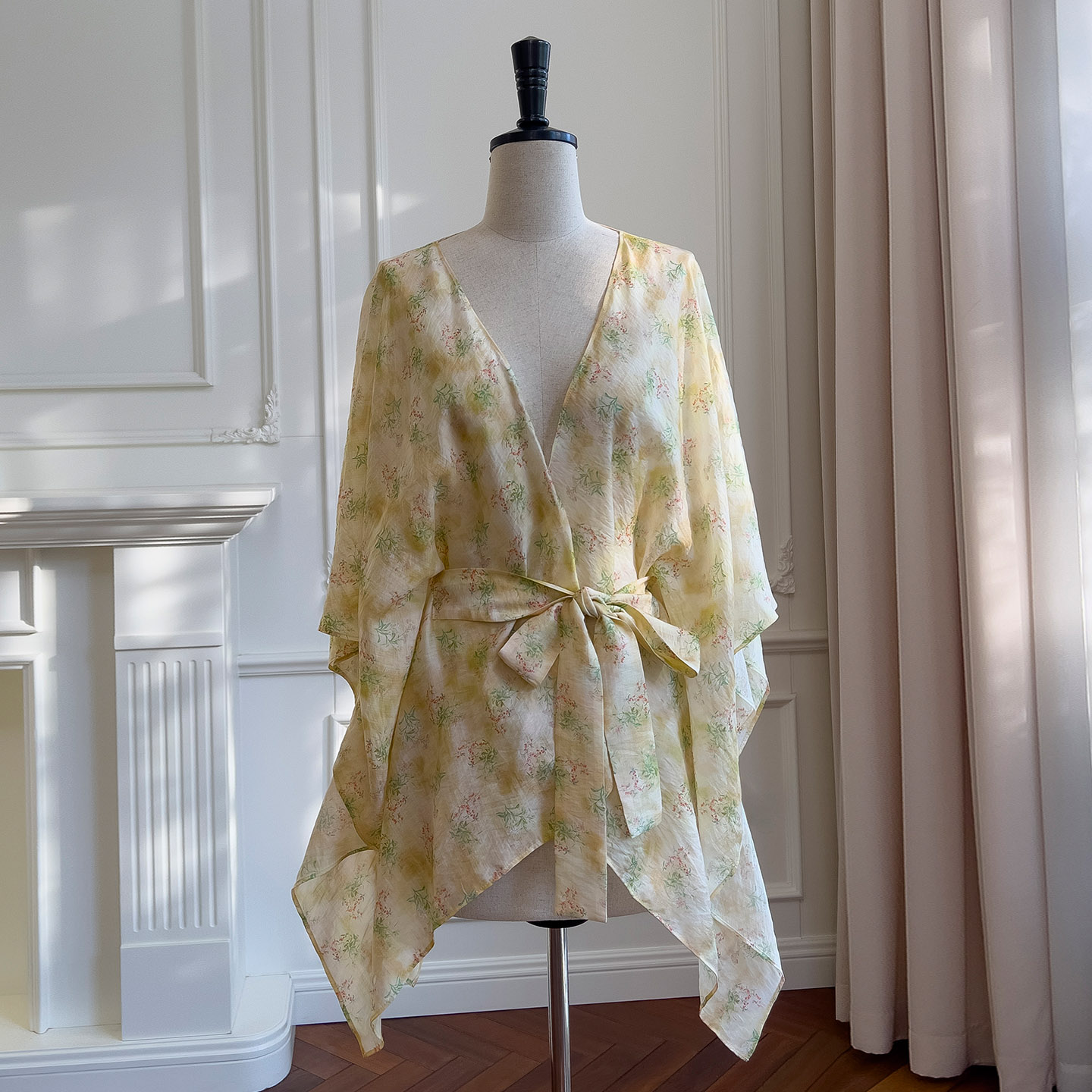 Sexy V-Neck Lace-Up Waist Batwing Sleeve Floral Shirt, Boho Vacation Style Elegant Cardigan Top71478