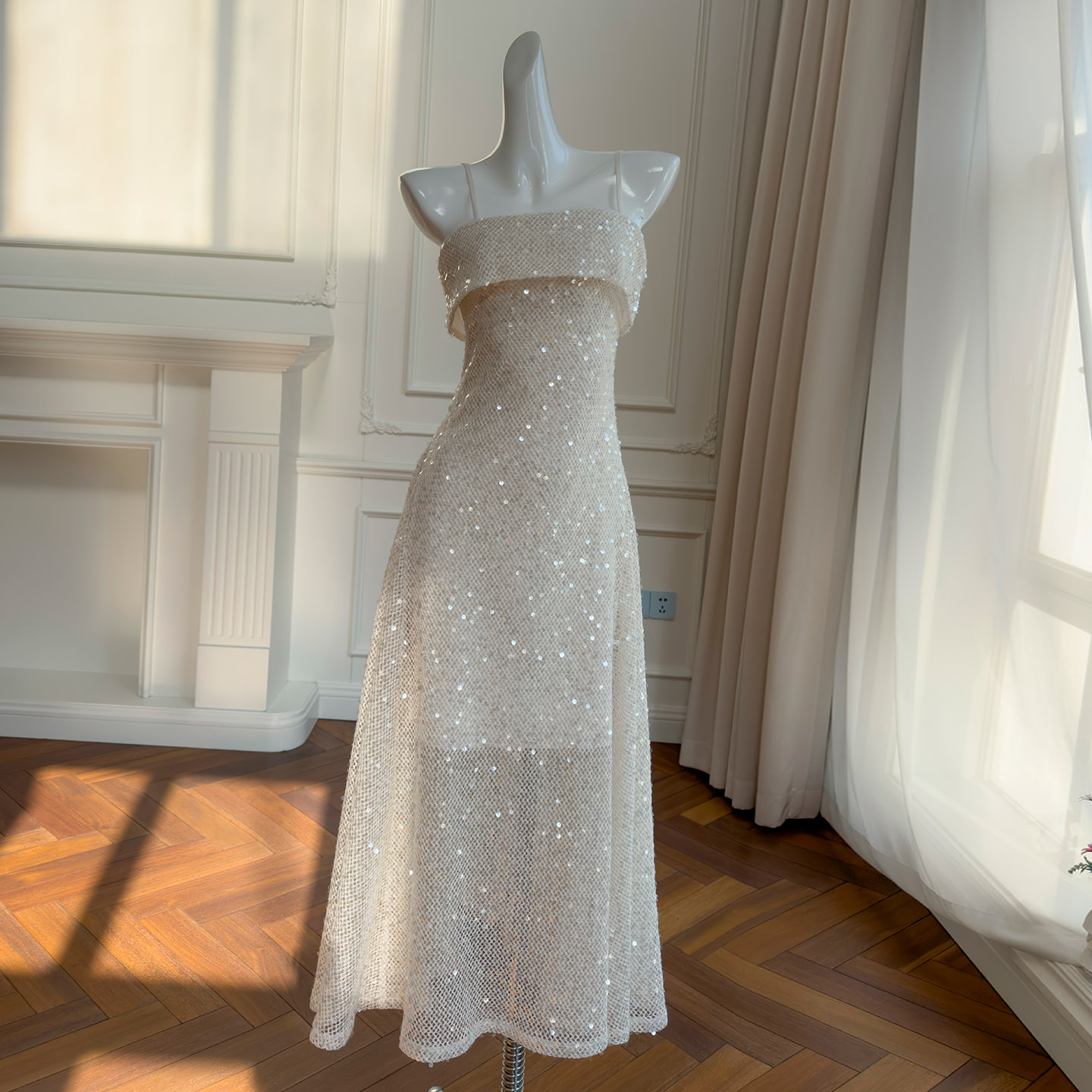 French Sleeveless High Waist Bodycon Dress, 2026 Spring Birthday Banquet Evening Dress, Spaghetti Strap Sequin Dress69598