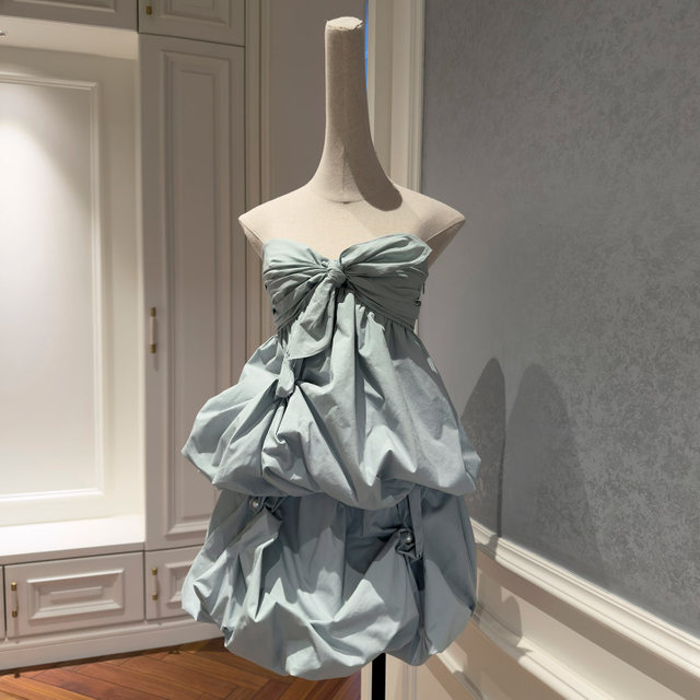 Yigelila 2026 Spring New Arrival Cotton Set, Blue Bow Cute Structured Niche Design Tube Top Pants Set8480