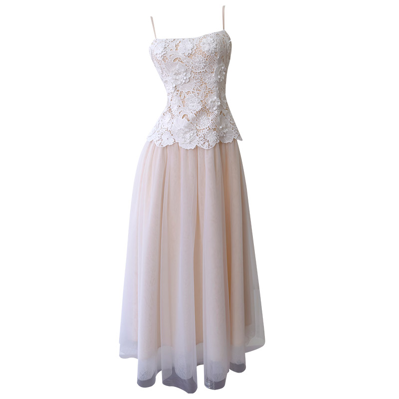 French Style Waist-Fitted Sleeveless Dress, Cold Fresh Girl Feeling, Hollow Lace Patchwork Mesh Spaghetti Strap Tube Dress69579