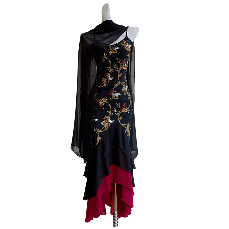 Vintage Sequin Embroidered Spaghetti Strap Dress with Neck Strap, Multi-Layer Irregular Ruffle Hem Fishtail Skirt69632