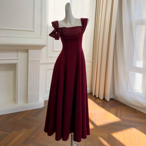 Burgundy Square Neck Spaghetti Strap Evening Dress, French Princess Long Dress for Party, Annual Meeting & Host69609