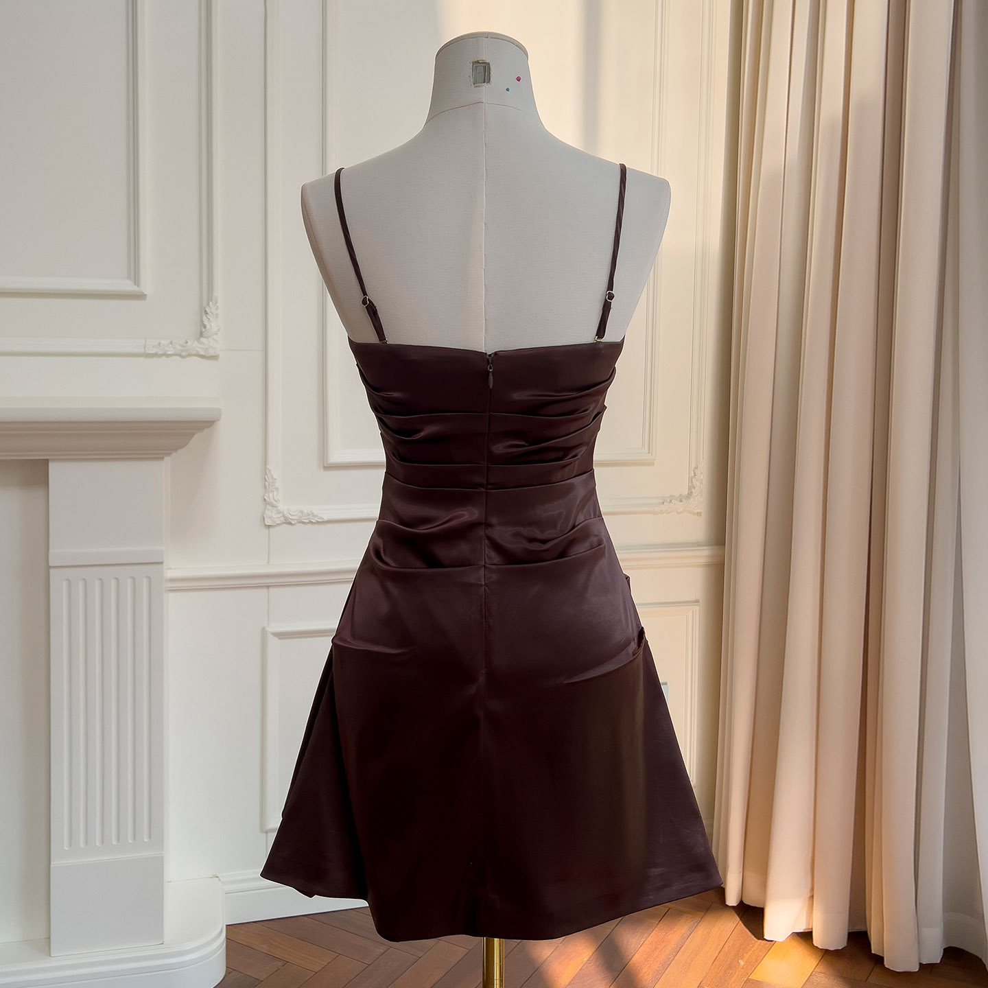 Brown Asymmetric Ruched Mini Dress 69548