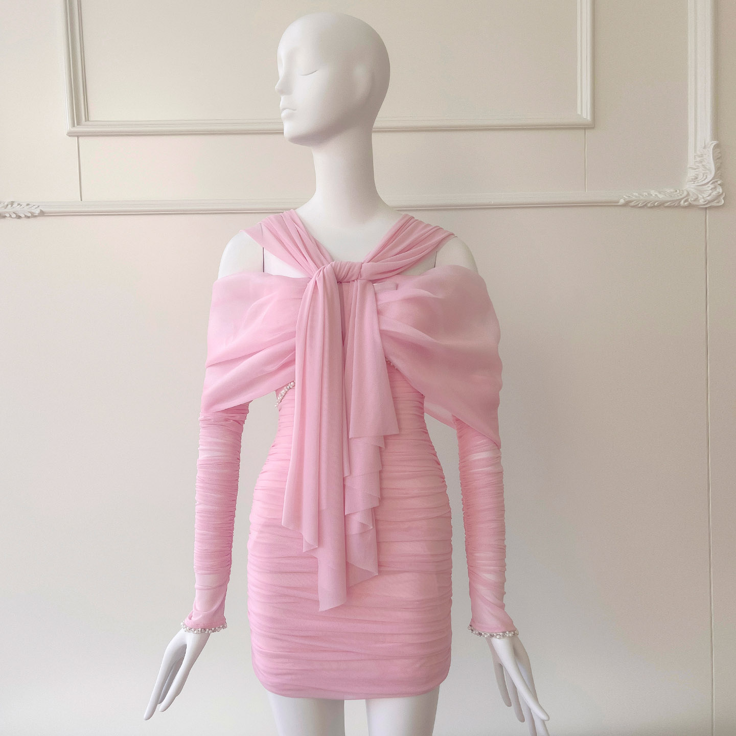 Pink Off Shoulder Ruched Party Dress 69542