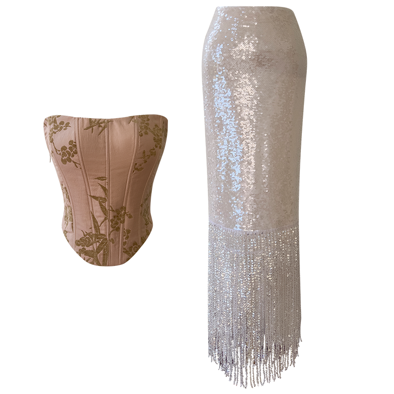 Floral Corset Sequin Fringe Skirt Two-Piece 71501+51423