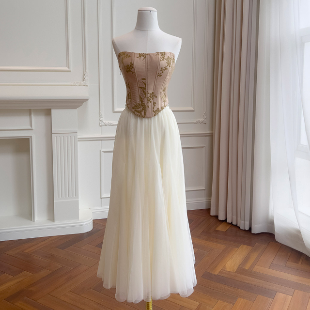Nude Floral Corset Tulle Skirt Two-Piece Dress 71501+51417+51368