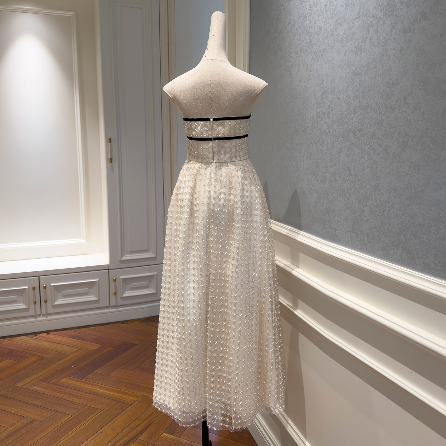 Chanel-Style Cream Grid Sheer Mesh Spaghetti Strap Midi Dress69699