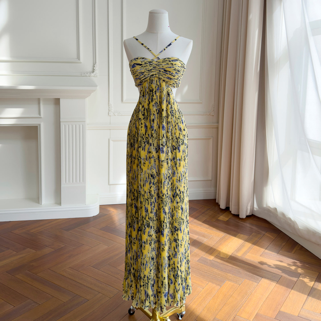Yellow-Toned Floral Halter Cut-Out Chiffon Maxi Dress69638