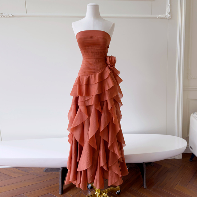 Caramel Orange Strapless Ruffled Dress69746