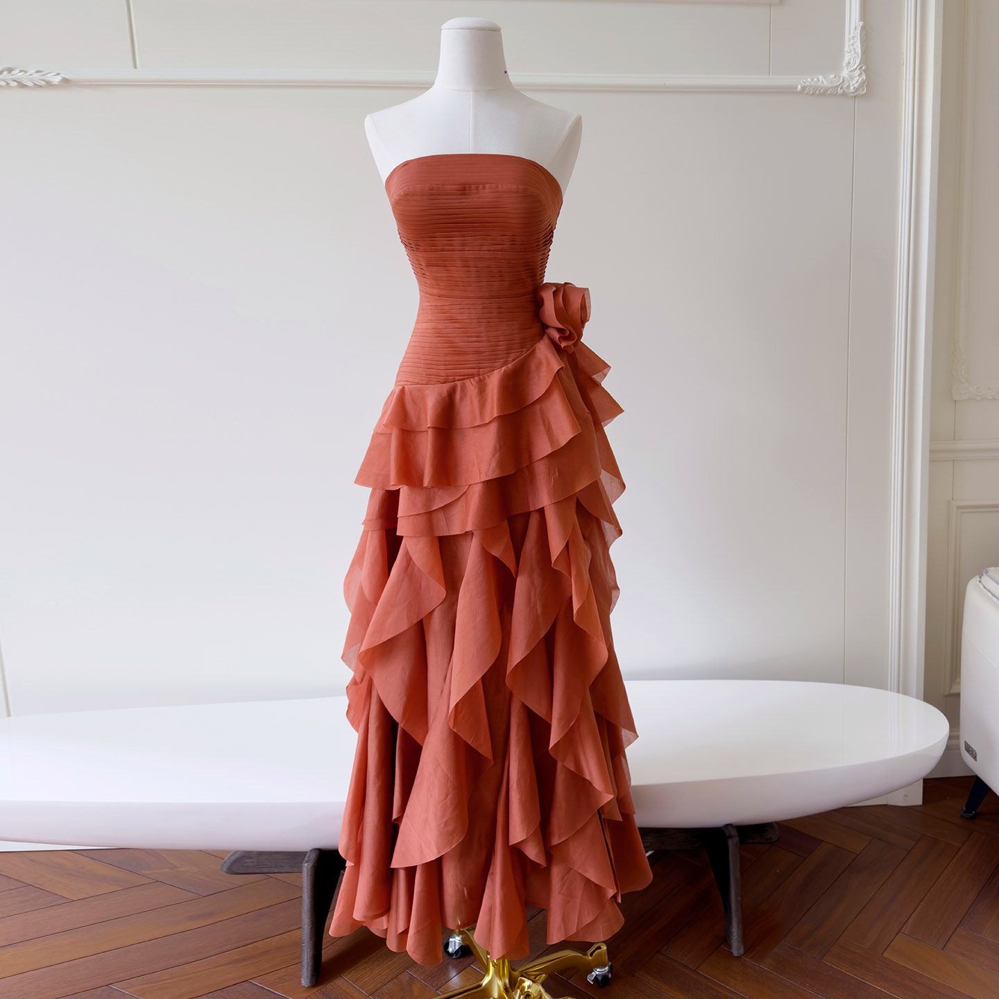 Caramel Orange Strapless Ruffled Dress69746