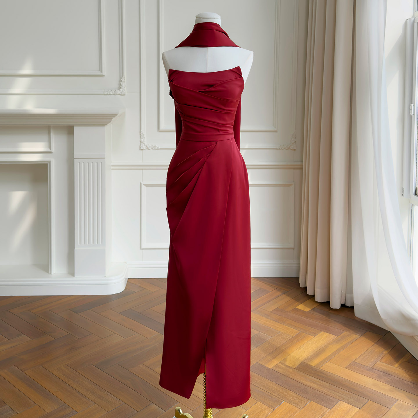 Vintage Burgundy Strapless Ruched Midi Gown69676