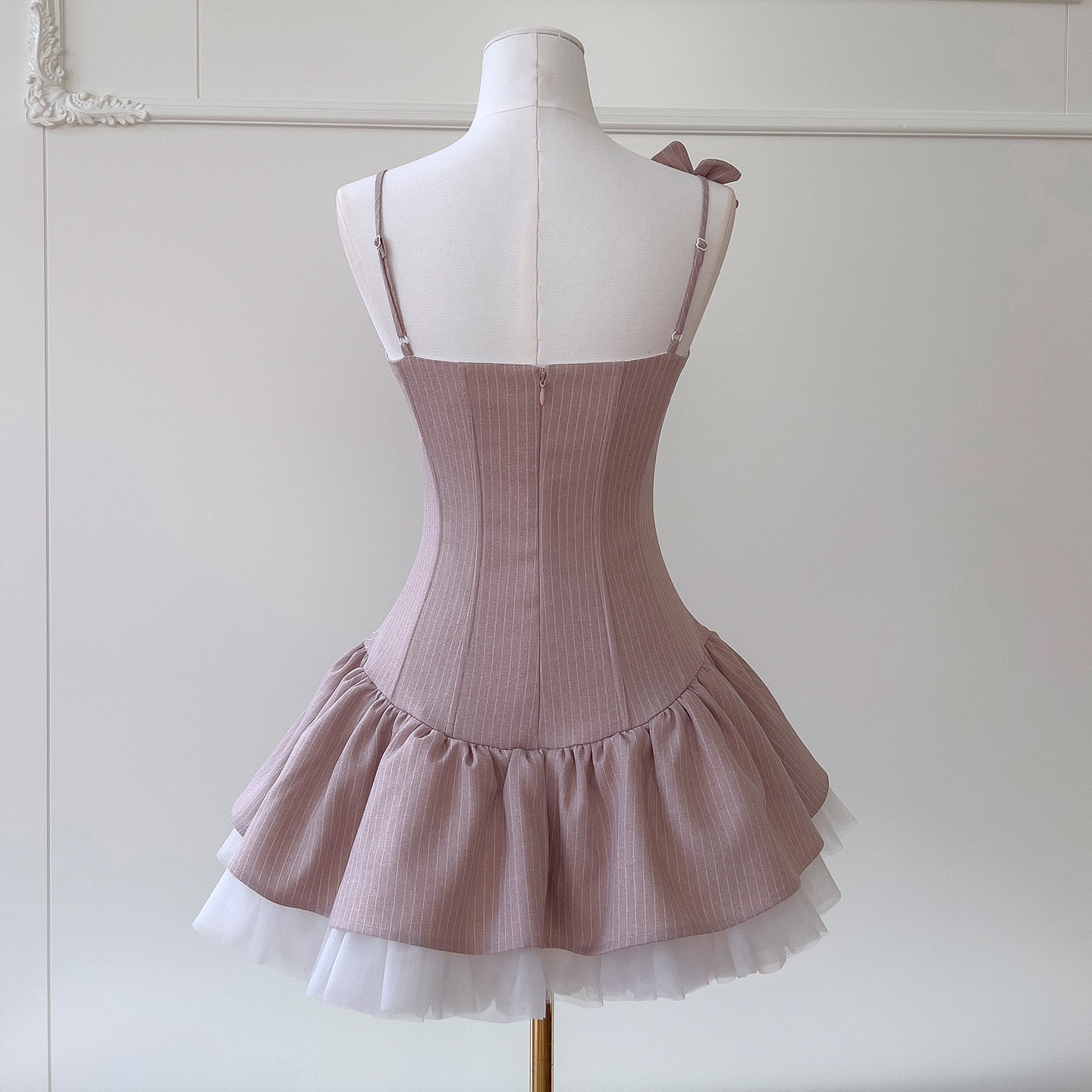 Sweet and Chic Pink Striped Mesh Camisole Dress - Women's Waist-Cinched A-Line Puff Mini Skirt with Youthful Vibes