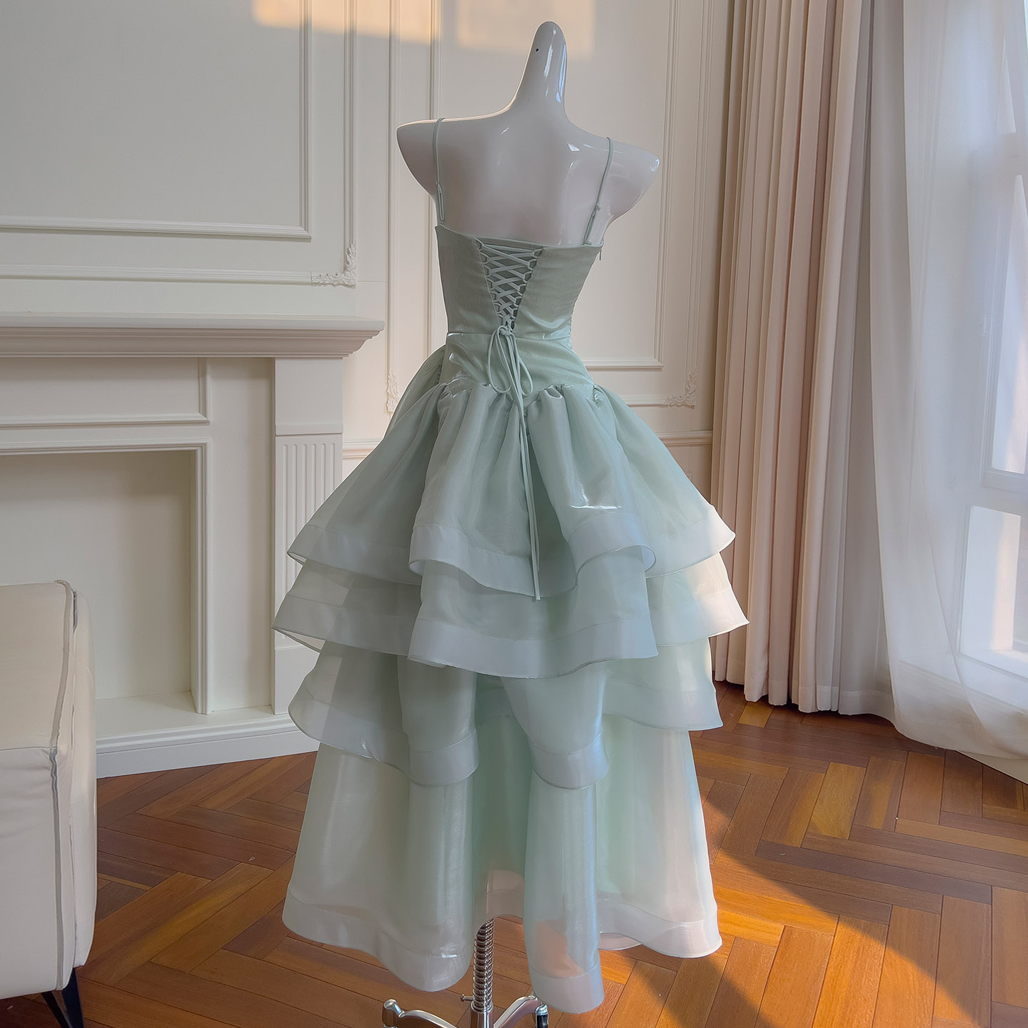 Mint Green Spaghetti Strap Layered Tulle Dress69572