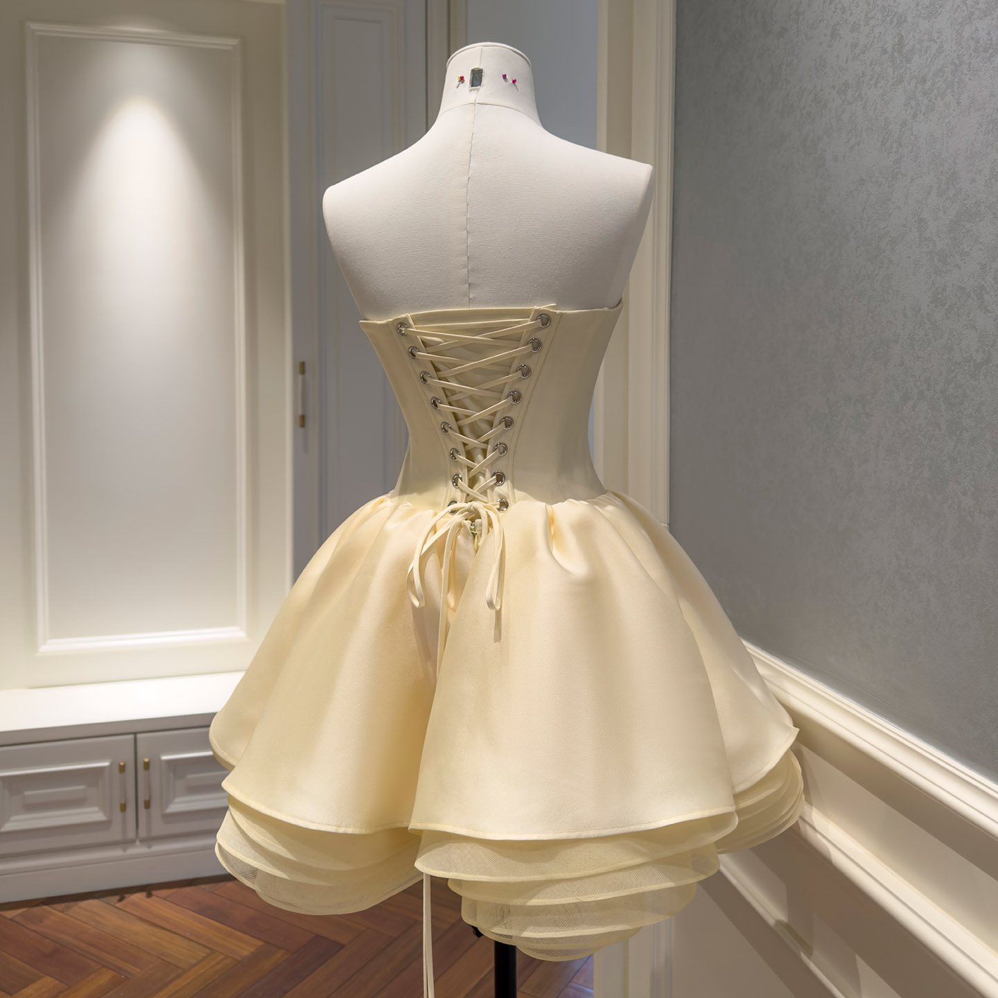 Champagne Strapless Beaded Bow Flared Mini Formal Dress69601