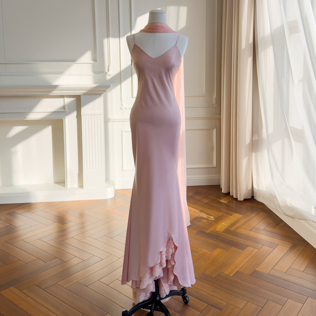 Blush Pink Satin Halter Mermaid Evening Gown69675