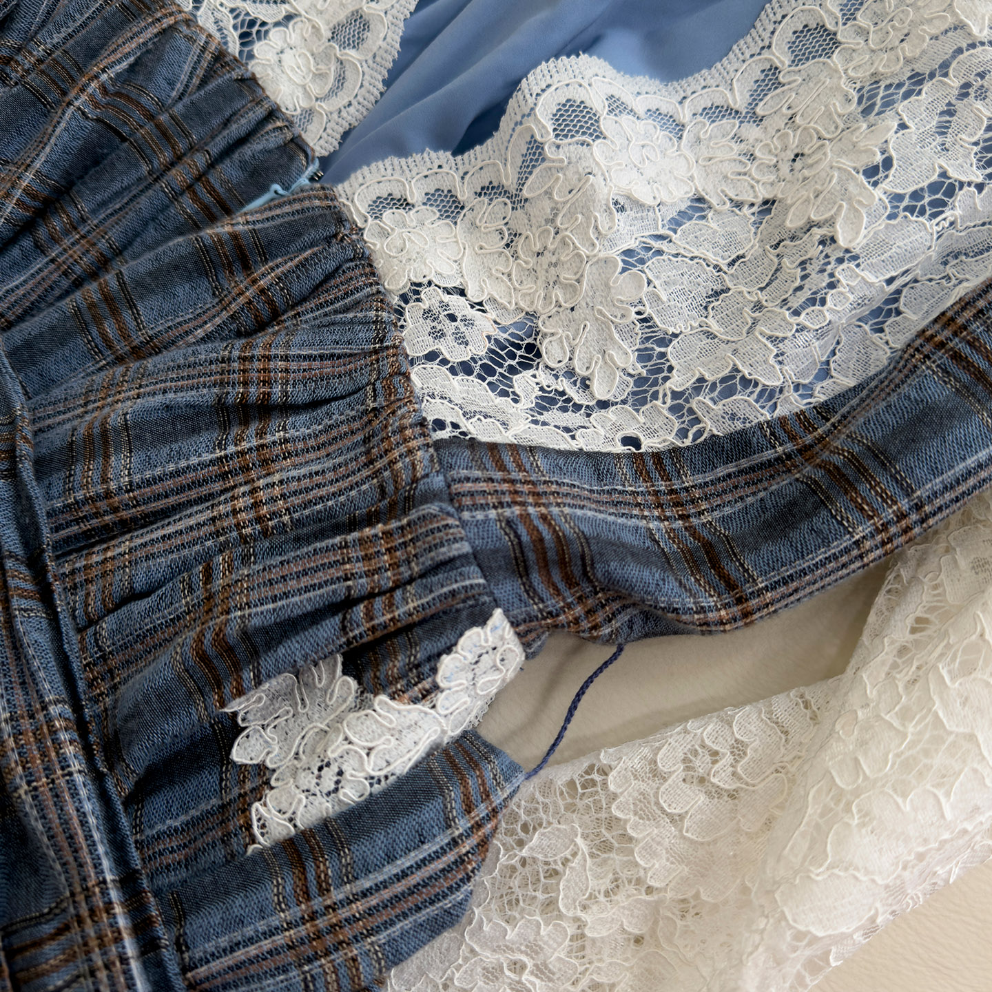 Blue Plaid Patchwork Lace Irregular Maxi Dress69578