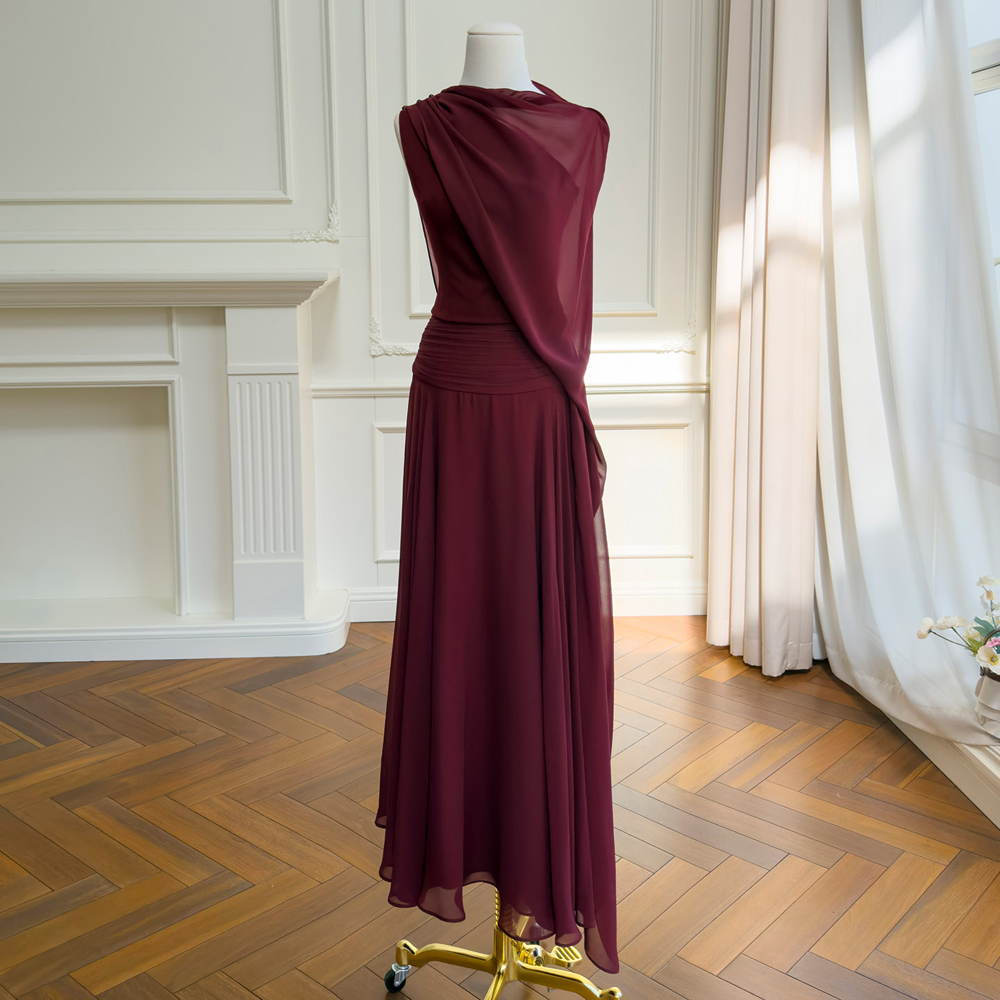 Irregular Elegant Off-the-Shoulder Sheer Chiffon Two-Piece Set71522+51437