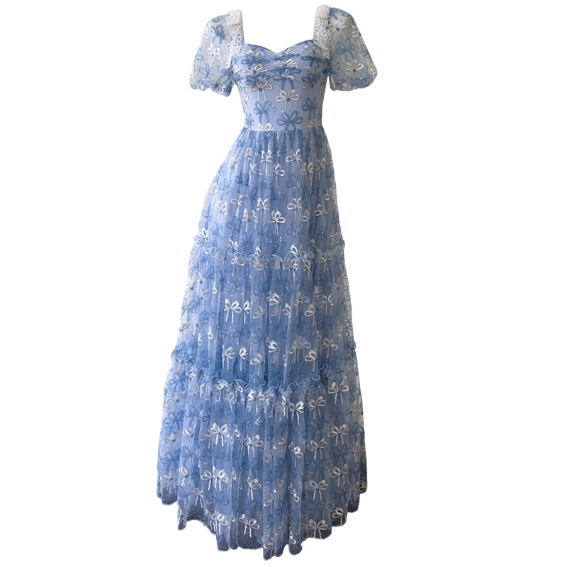 Dusty Blue Lace Embroidered Tulle Dress69660
