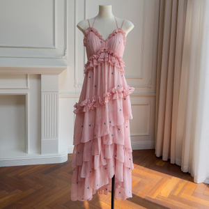Dusty Pink Spaghetti-Strap Ruffle Tiered Dress69082