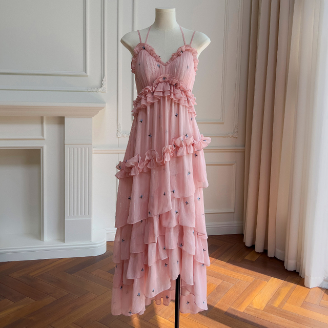 Dusty Pink Spaghetti-Strap Ruffle Tiered Dress69082