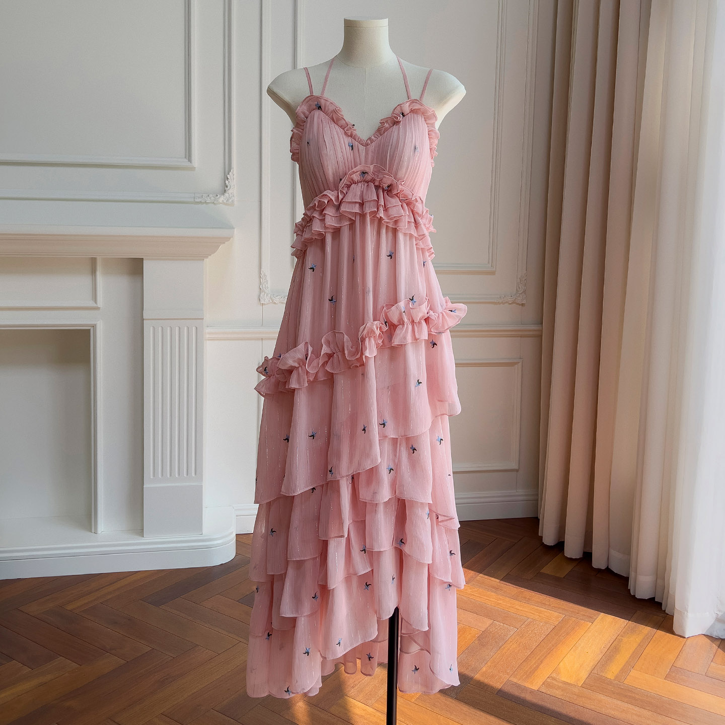 Dusty Pink Spaghetti-Strap Ruffle Tiered Dress69082