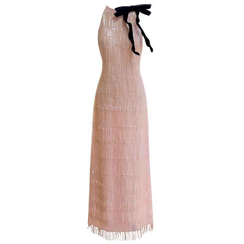 New Elegant Tassel French Style Slim Dress, Waist-Fitted Sleeveless Pink Sweet Long Dress for Women69570